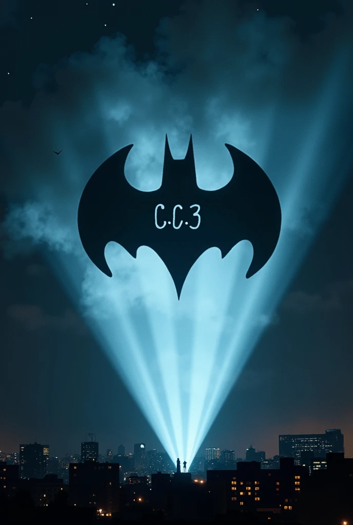 Una imagen como la de Batman proyectada en el cielo pero con las iniciales c.c.3 in the center