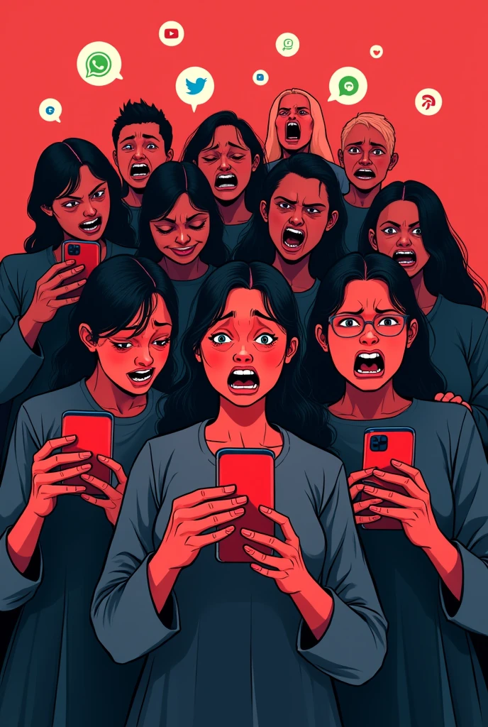 people are super angry with red face looking at their phones while watching social media and whatsapp facebook instagram twitter youtube icons popping out of their phone screen