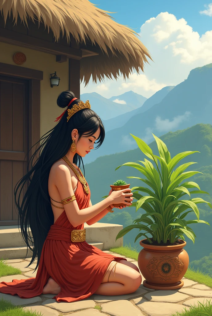 A young woman dressed in traditional attire kneels beside a potted plant, gently holding a small pot while gazing at it. She is adorned with jewelry and has long, flowing hair. In the background, a rustic thatched-roof hut is visible, set against a mountainous landscape under a partly cloudy sky. The plant, vibrant and healthy, is placed in a decorative pot with symbolic markings. The scene evokes a sense of tranquility and cultural reverence for nature.
