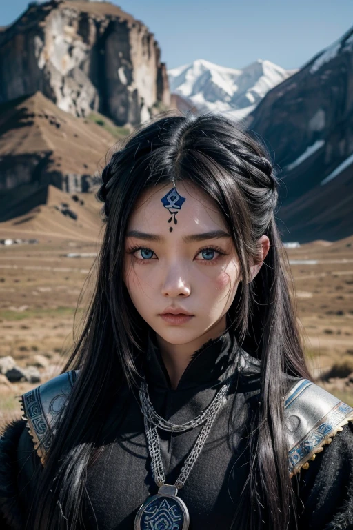 High quality、One woman、Age 25、blue eyes、Black hair with bright eyes、Long Hair、Tibetan national costume、Japanese elements、All black clothes、The valley between the mountains of dull clothing、Rusty silver jewelry、Overall dark landscape、Dark and dirty skin、Large ethnic tattoo on forehead and cheek