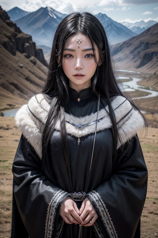 High quality、One woman、Age 25、blue eyes、Black hair with bright eyes、Long Hair、Tibetan national costume、Japanese elements、All black clothes、The valley between the mountains of dull clothing、Rusty silver jewelry、Overall dark landscape、Dark and dirty skin、Large ethnic tattoo on forehead and cheek