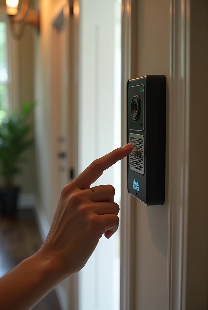 Hand pressing a home intercom