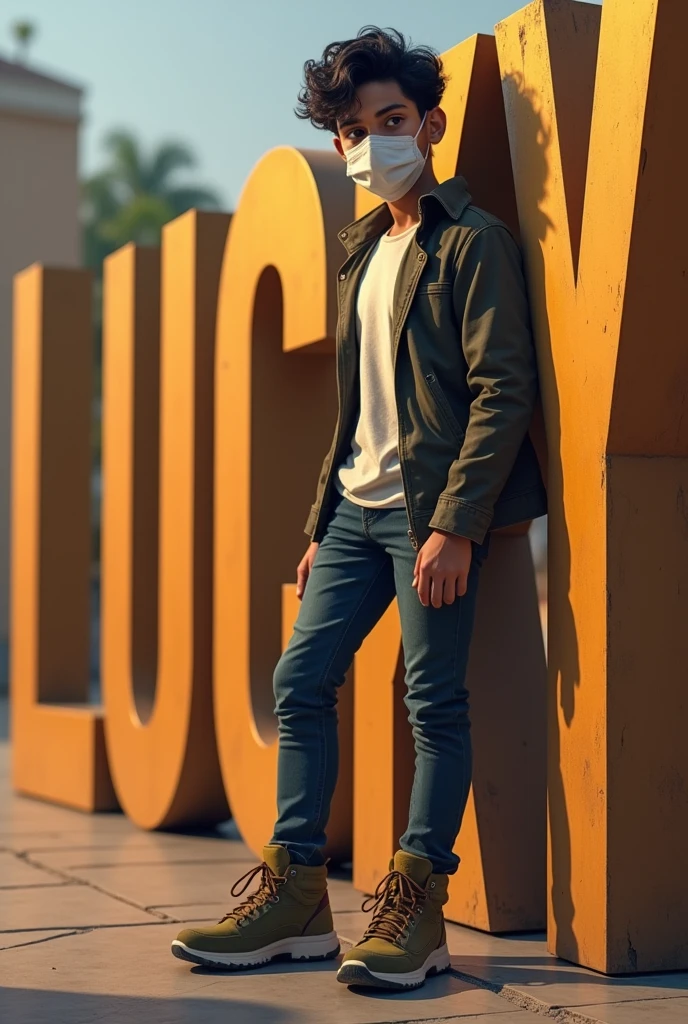 Indian 17 year boy wearing mask lean on medium big 3d letter lucky behind him with full body and all words