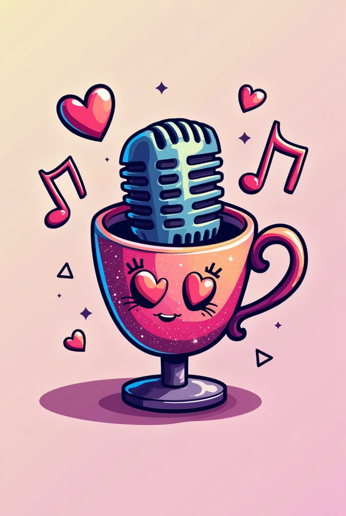 A logo with a microphone and musical notes and bright pastel colors And a coffee cup with heart eyes and glitter