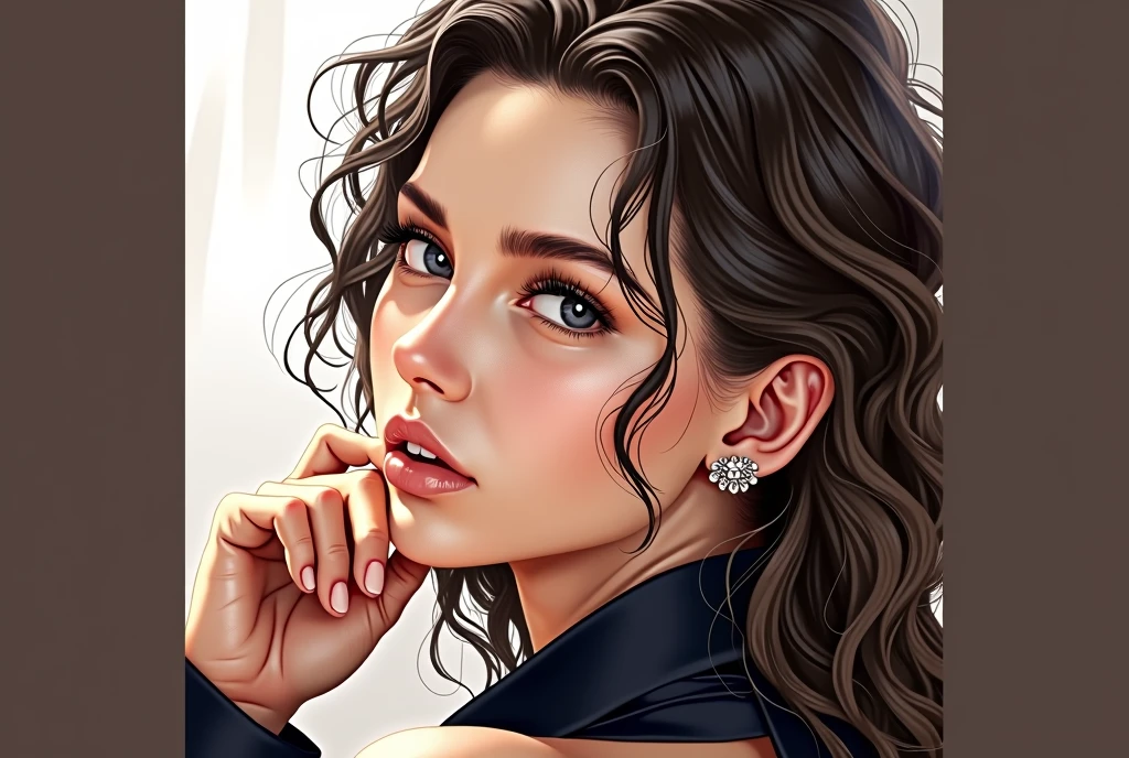 (photorealism:1.2), beautiful woman, sitting on bed, wearing loose off-shoulder top, pajama pants, long curly hair, indoors, soft lighting, with relatively large breasts and narrow waist and black eyes