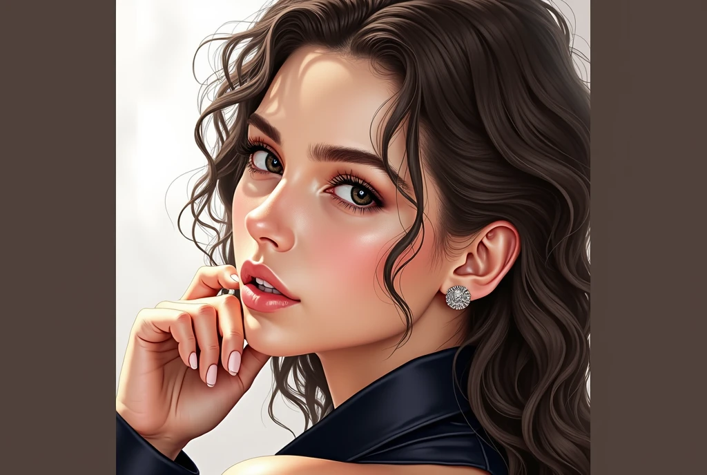 (photorealism:1.2), beautiful woman, sitting on bed, wearing loose off-shoulder top, pajama pants, long curly hair, indoors, soft lighting, with relatively large breasts and narrow waist and black eyes
