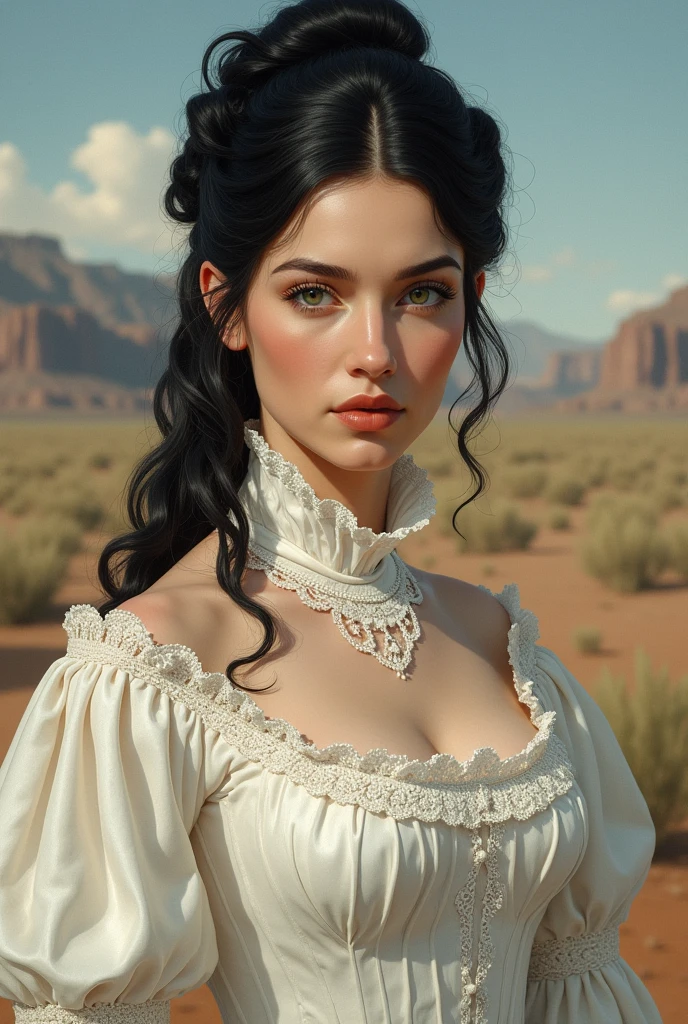 1875, southern lady, black hair, green eyes, feminine dress, wild west, wears her hair tied up, white victorian dress