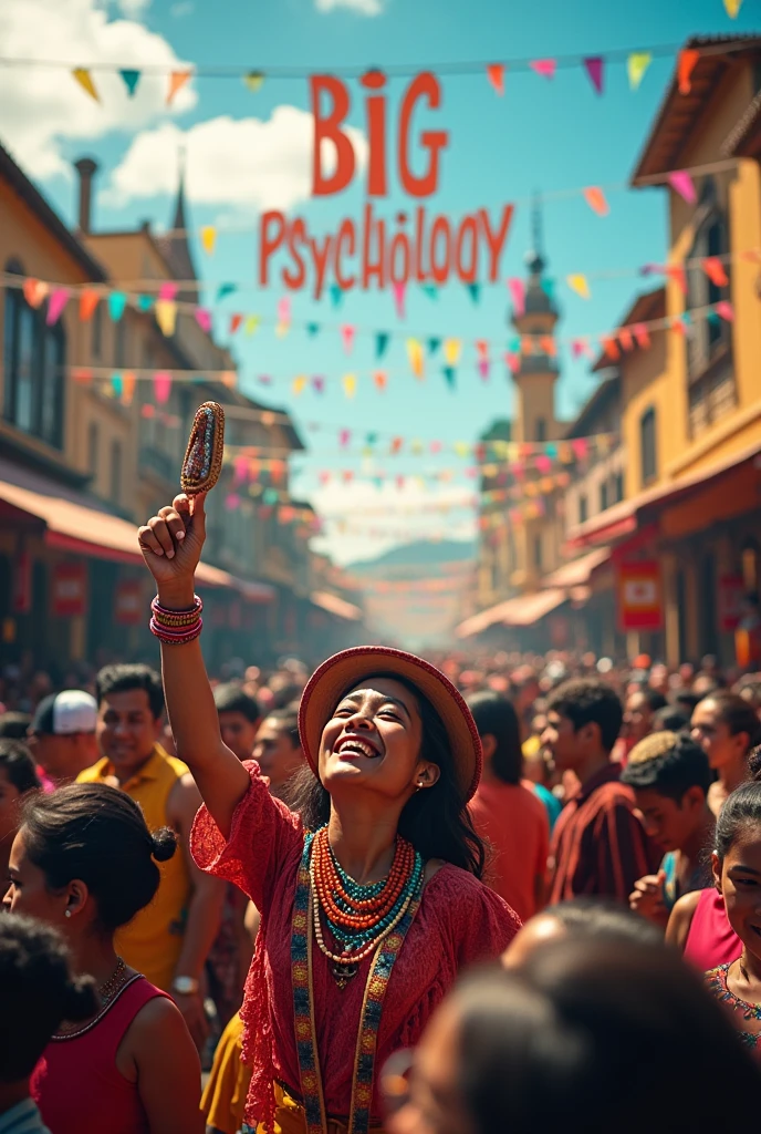 Make a very colorful image about the Cali fair in Colombia, that people become happy and everything is like a party and that it says big PSYCHOLOGY Make it in vertical format (for an Instagram story)