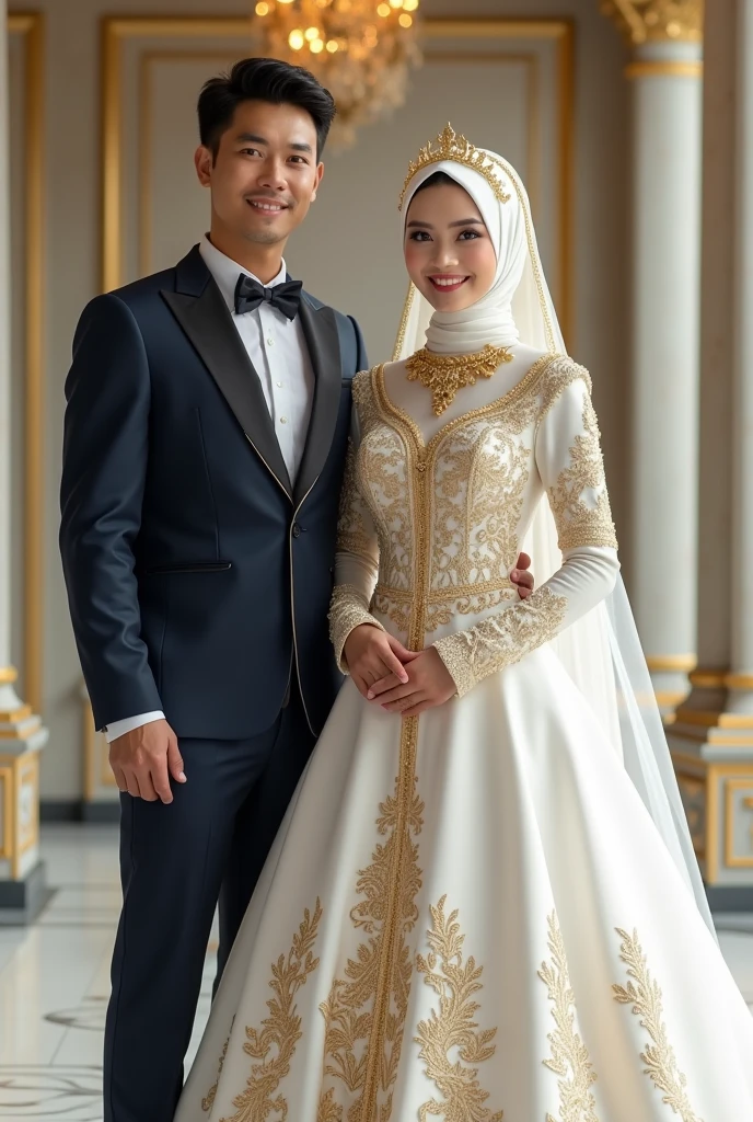 a muslim hijabi bride in full sleeve white ball-gown with golden detailing. Wearing small gold crown and long gold neckpiece. Her husband will be in dark navy blue suit. 
 