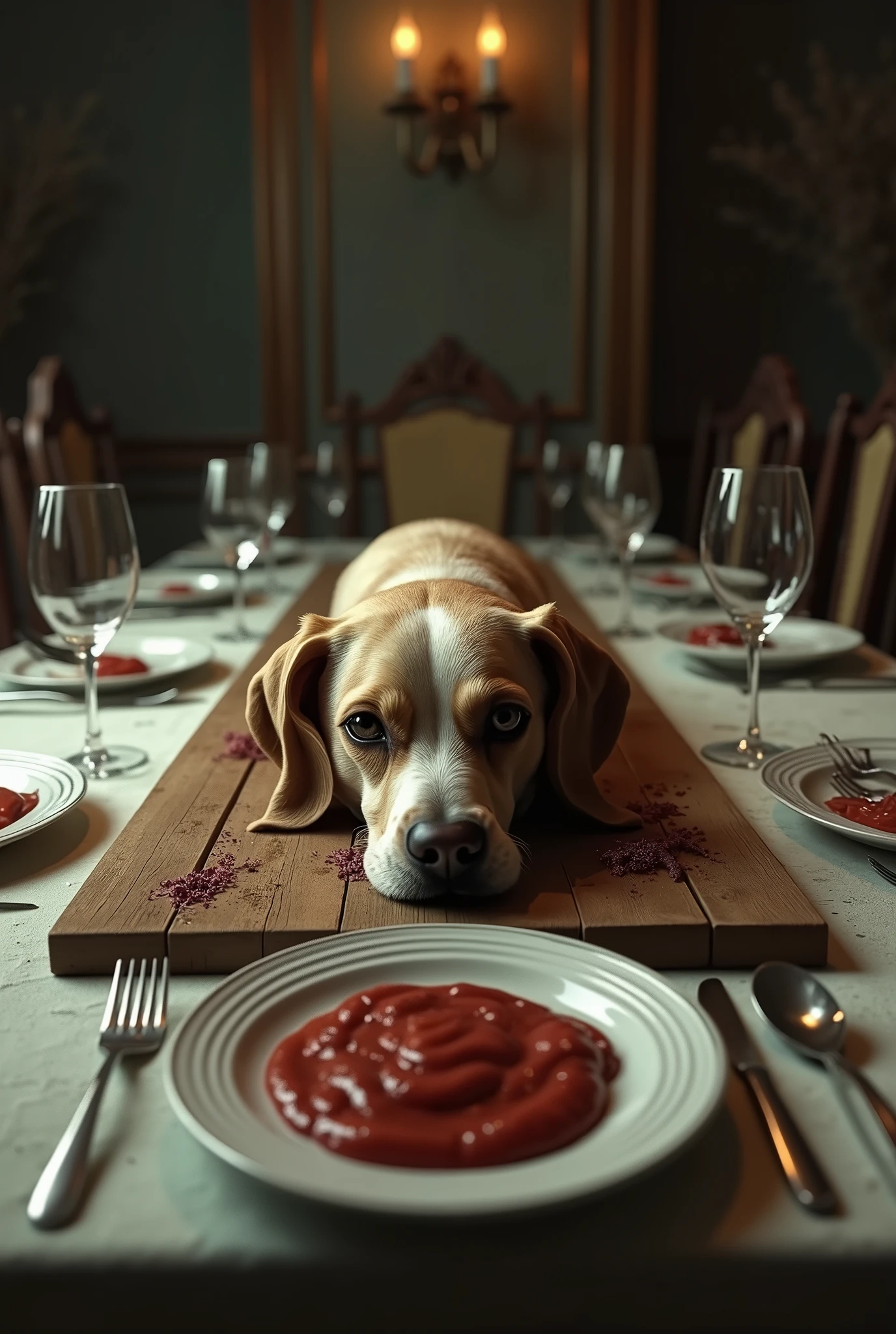 a wooden board with a dead dog's head served as a meal on a dinner table