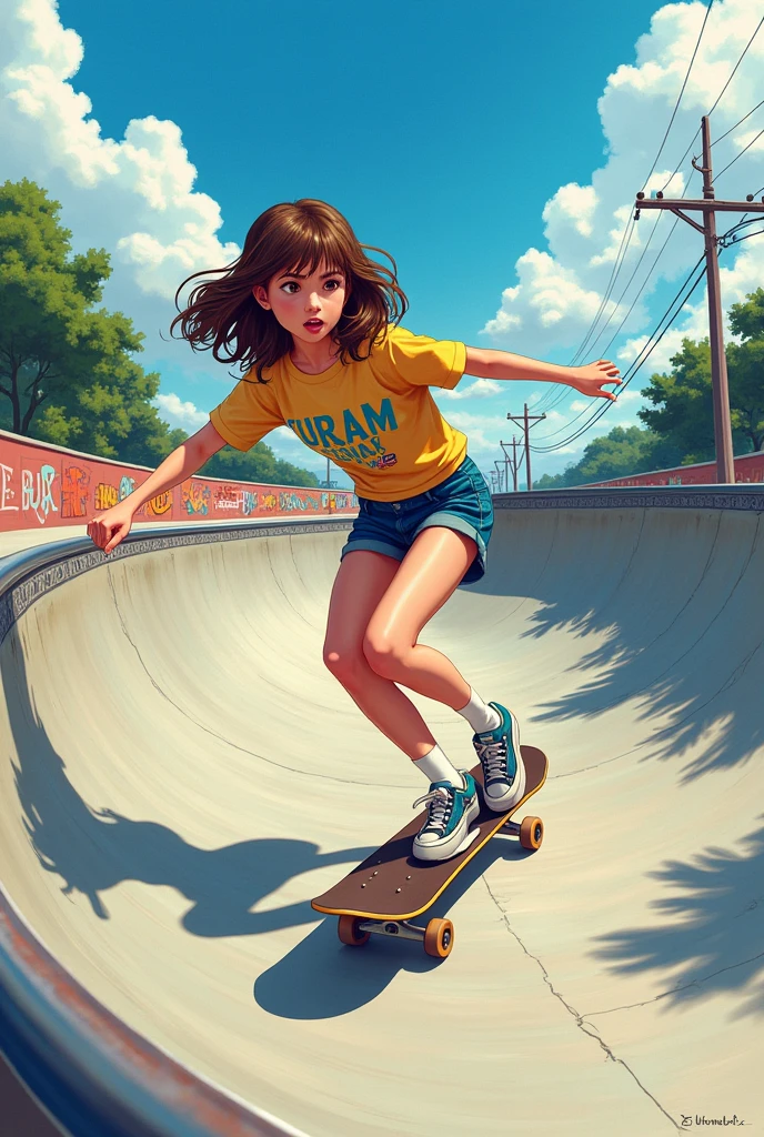 A  girl, anime style with brown hair, wavy shoulder length, Skateboarding in a Skate Park