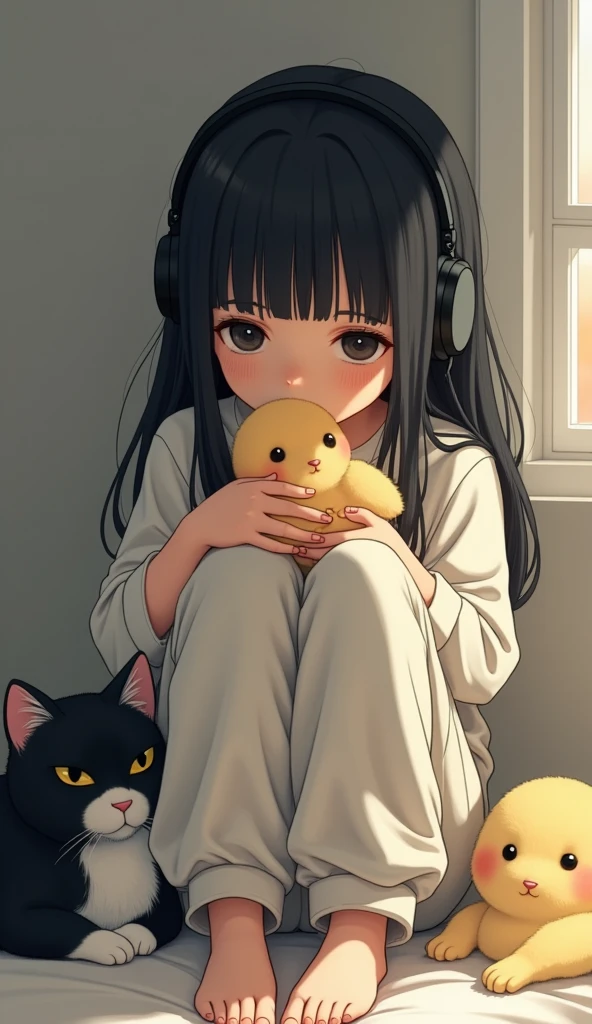 black hair、Bangs、Girl in baggy pants listens to music with her black and white cat,Holding a chick puppy in hand