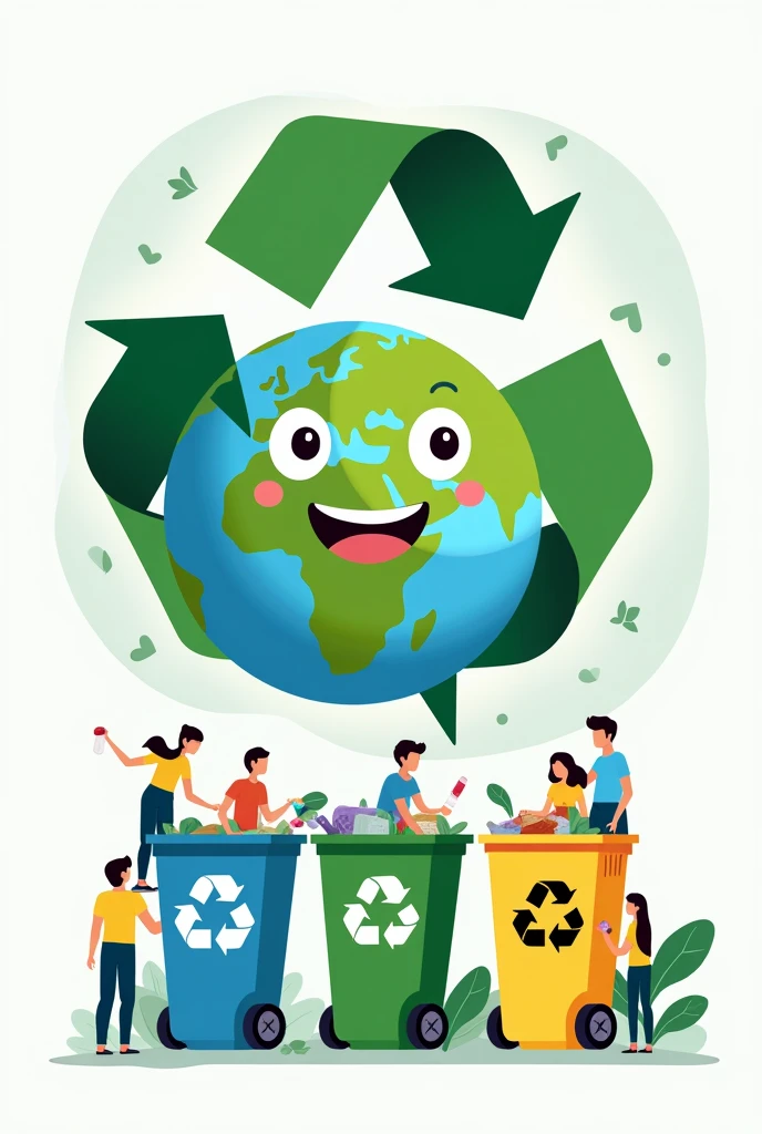 A planet Earth with a big smile surrounded by three arrows forming a circle (the recycling symbol). Around it, recycling bins with different colors for paper, glass, and plastics, and people depositing their waste in the correct containers.