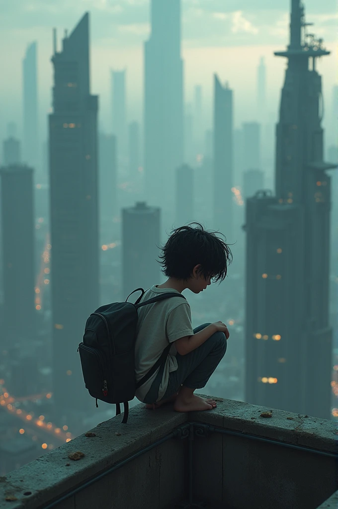 A boy crouches on the railing of the roof，Black color hair，Deep expression，Hair strands，Carry a backpack，Look at the high tall buildings at your feet，Dark tones、dark blue theme、Sci-fi sense、The proportions of the characters are small，delicate picture，CG painting，detail processing

Info