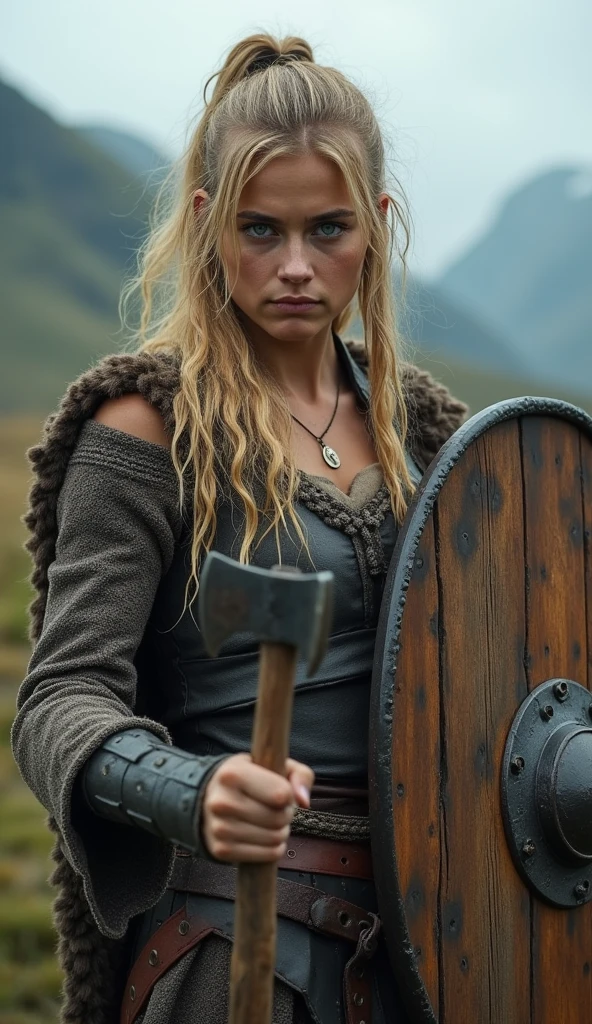 a full body shot, portrait of a fierce Viking shieldmaiden from IX century, blond hair, dirty and greasy hair, blue eyes,well-defined facial lines, menacing embodying bravery and resilience in a rugged landscape, intricate details of simple viking armor and wooden shield, holding smal axe in hand