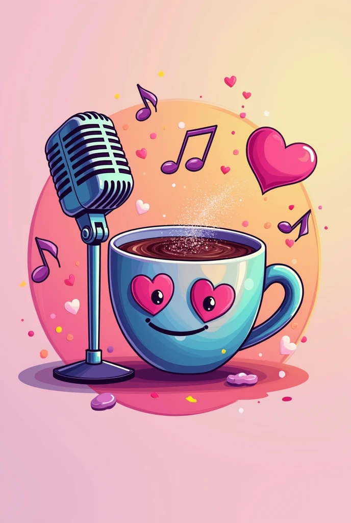 A logo with a microphone and musical notes and bright pastel colors And a coffee cup with heart eyes and glitter