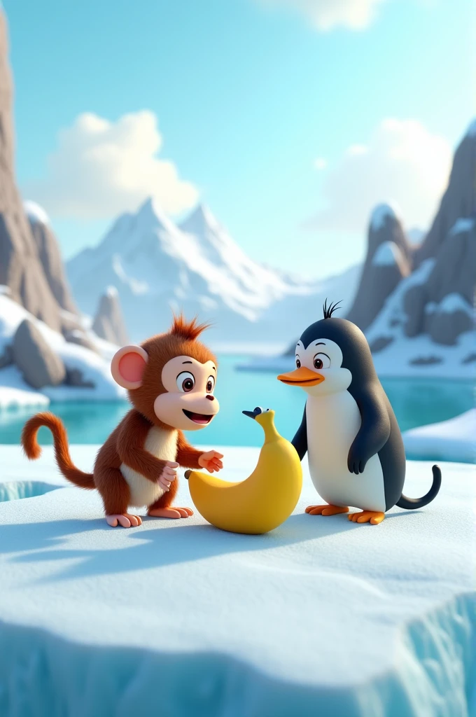 Monkey and penguin on a icy shore with a banana 3d animation