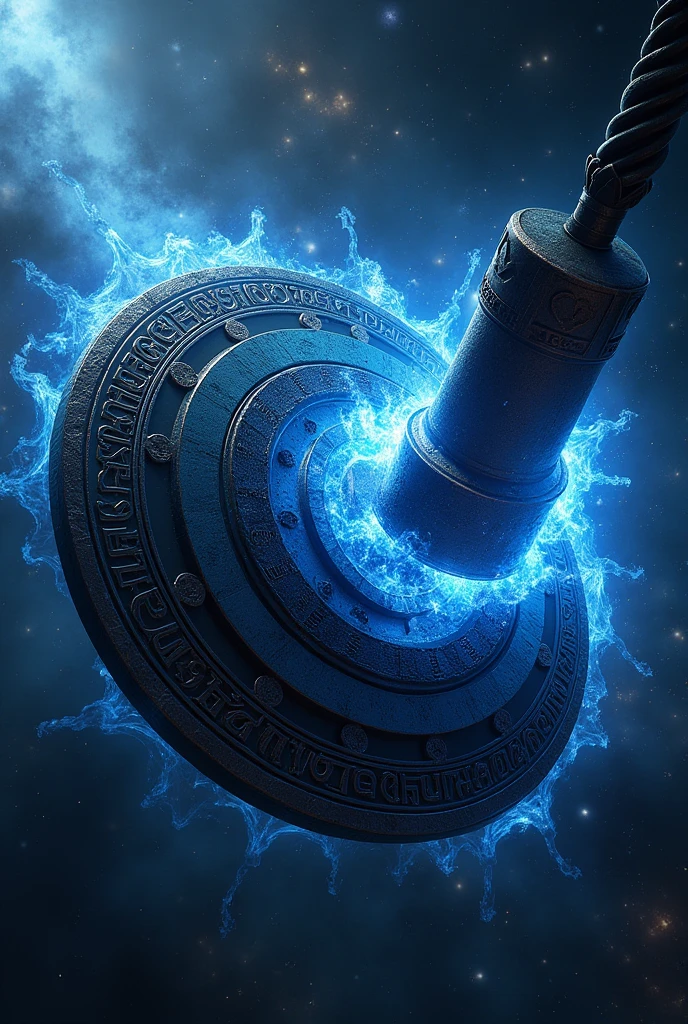 Black and blue colour shield with thor hammer hitting the shield with hammer with shock wave background space