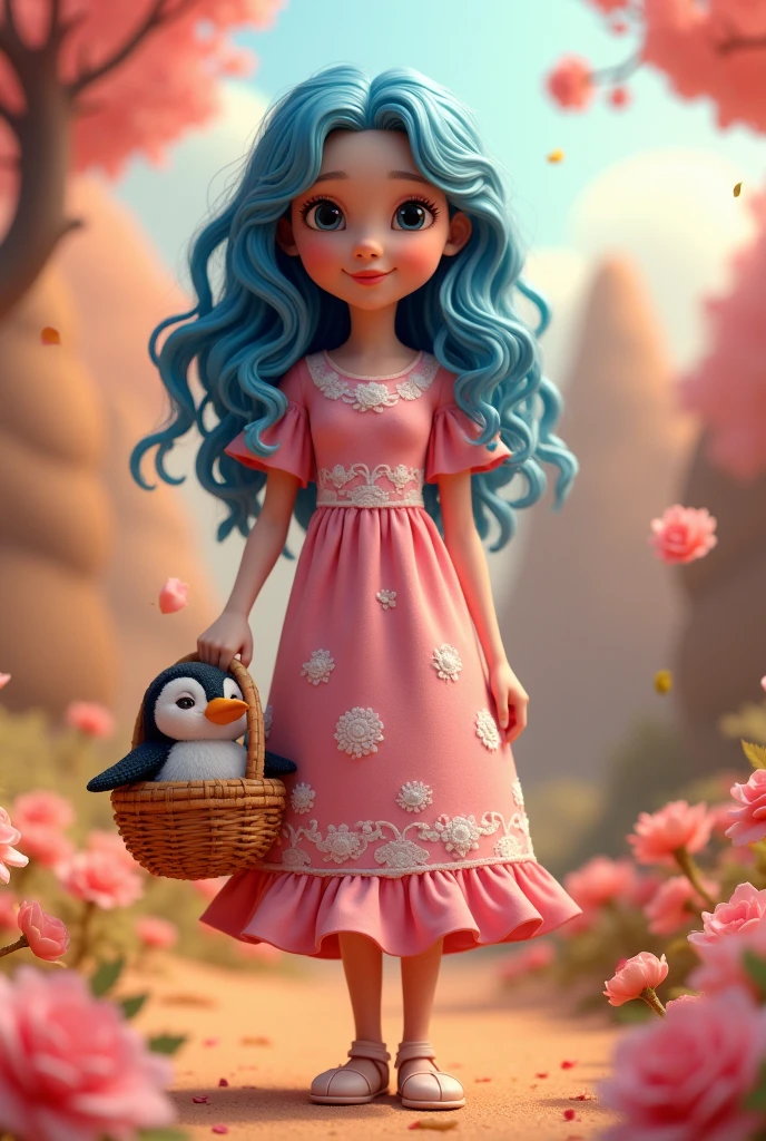 17 year-old girl with curly blue hair
A pink dress with pictures of white roses on it
A wooden basket with a penguin inside
In iran
Style 3D