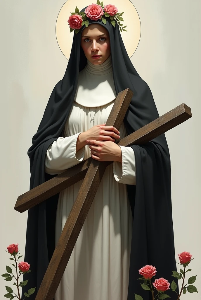 Generates an image of Saint Therese, dressed in a brown habit, black veil, a light yellow cloak over the habit, a religious nun, holding a bouquet of roses vermelhas and a crucifix. she is portrayed with a contemplative expression, reflecting his deep spirituality and communion with God, she has on average 24