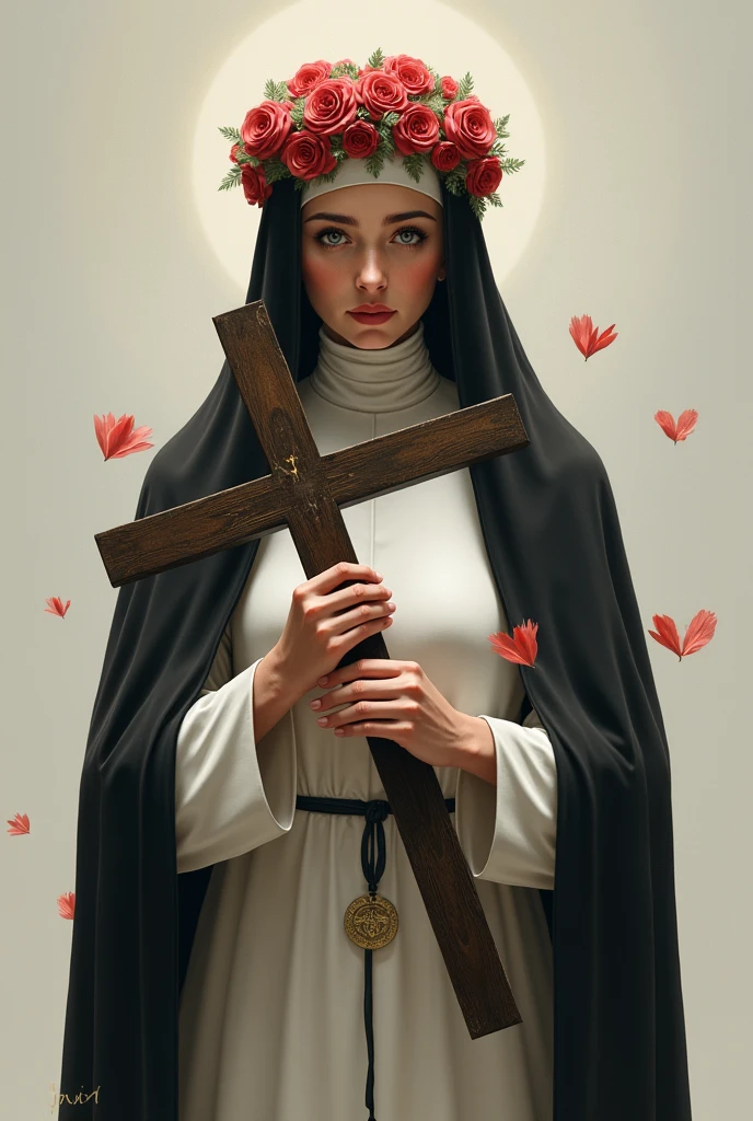 Saint Rose of Lima realist, ultra realisitic, put a white dress and a black cape on her like a nun, put a headband of roses on her head, make her more adult, MORE SERIOUS AND SHE LOOKS MORE LIKE A NUN, friend, NOT SO SERIOUS, not so young, and with more roses and she looks like a nun, she is looking at the crucifix that is stretched out over her hands, angulo lateral, is standing, looking at the crucifix that is lying on the handle, crucifix leaning over her hand