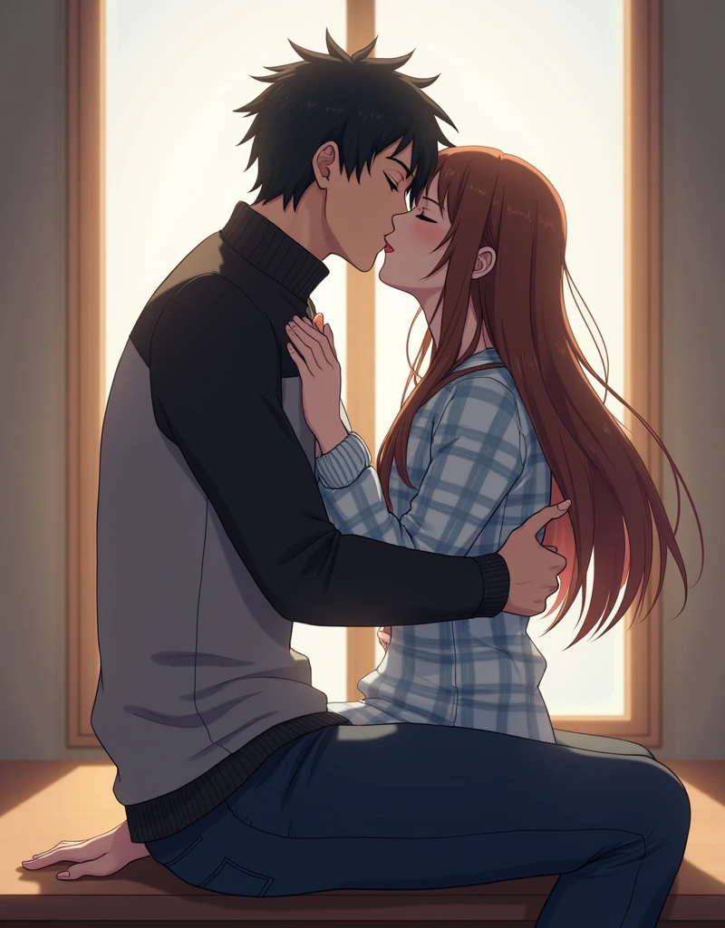 Create a Japanese anime style landscape image. The image depicts a romantic scene between two characters in an intimate embrace. The male character is sitting on a couch, wearing a gray and black long-sleeved shirt with a high collar. His hair is short, dark, and slightly tousled, complementing his sharp features. He is holding the female character close, with one hand on her back and the other gently placed on her upper arm.

The female character, dressed in a light blue and white checkered sweater, has long brown hair cascading down her back. She is sitting on the male character's lap, with her head tilted upward as they share a passionate kiss. Her hands rest on the male character's shoulders, pulling herself closer to him.

The background suggests an indoor setting with soft natural light streaming through large windows, creating a warm and intimate atmosphere. The colors are muted, with the focus on the couple, highlighting the emotional intensity of the moment. The scene conveys a sense of deep affection and tenderness between the two characters.