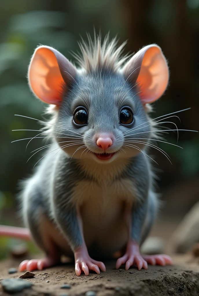 A gray feral looking mouse with mullet haircut and the back of hair is 2/3 of it's body length without counting the tail, the front of the hair is very short and straight