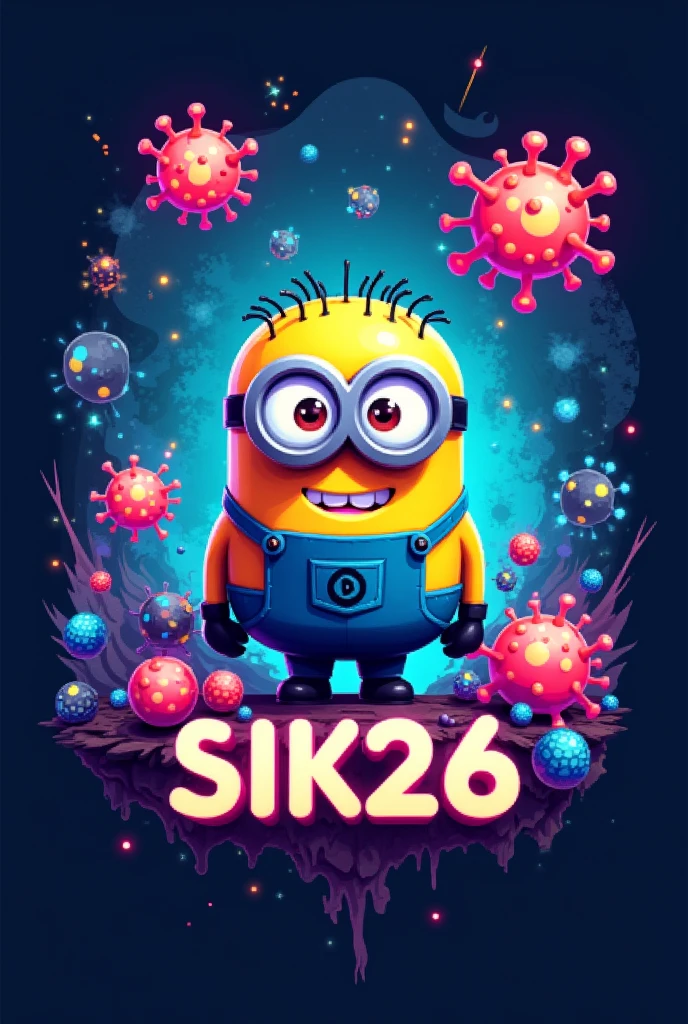 pixel logo with minion, virus, gen, spores, nucleotic, dna 26, botany, biology and text SiK26 with S and K capitalized