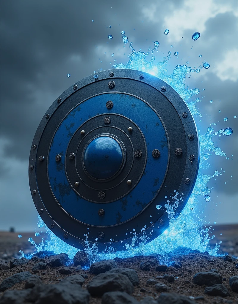 Black and blue colour shield with thor hammer hitting the shield with shock wave
