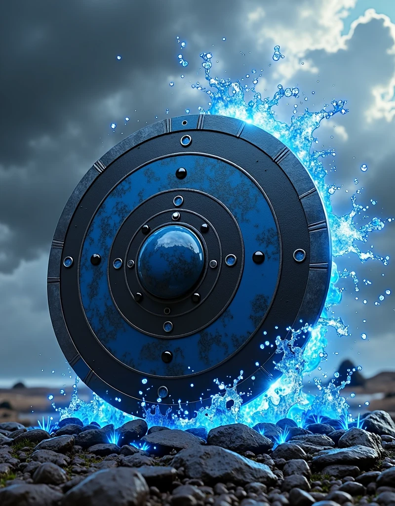 Black and blue colour shield with thor hammer hitting the shield with shock wave