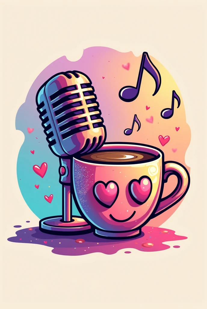 A logo with a microphone and musical notes and bright pastel colors And a coffee cup with heart eyes and glitter