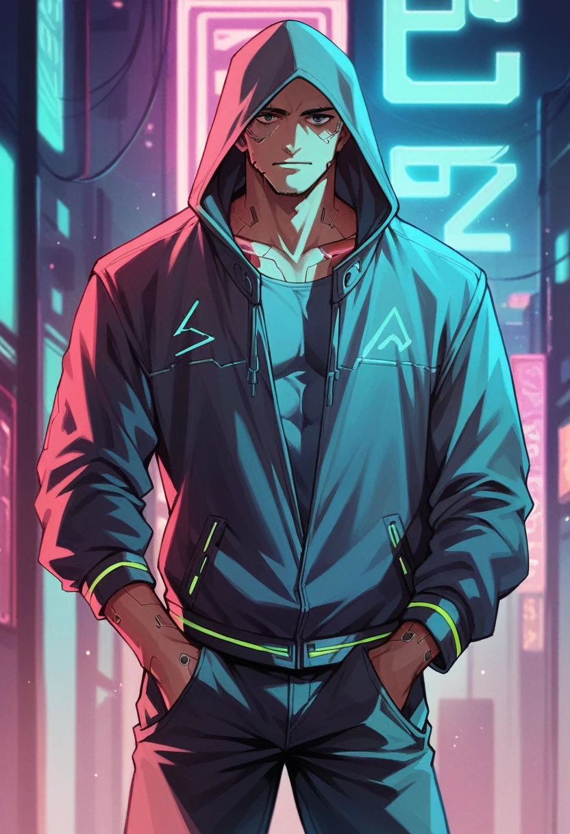 a handsome boy, cyberpunk style, hood, neon lights, high-tech clothing, 