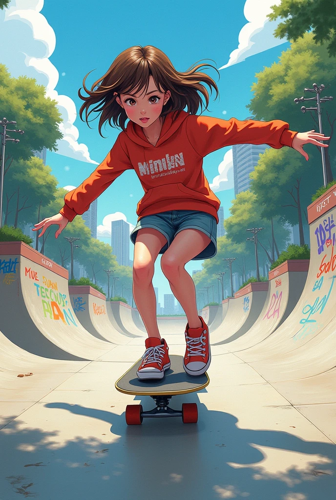 A  girl, anime style with brown hair, wavy shoulder length, Skateboarding in a Skate Park