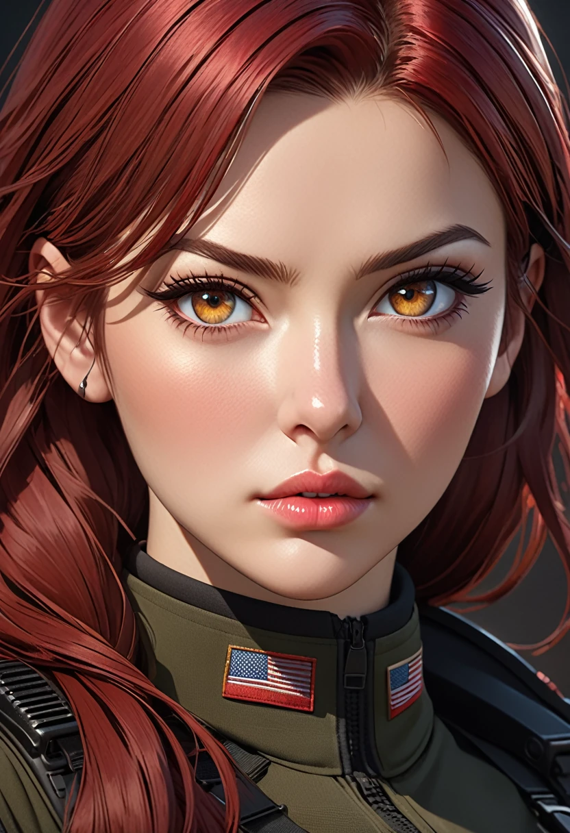 ((best quality)), ((artwork)), ((extremely detailed face)), ((perfect lighting)), ((extremely detailed CG)), ((perfect hands, perfect anatomy)) Appearance= Tall, busty, athletic, toned, pale, russian features, beauty mark under right lips, plump lip; hazel eyes; long straight maroon-red hair
Personality= Determined, strong-willed
Occupation= Sniper
 Clothing= Black tactical combat uniform.]