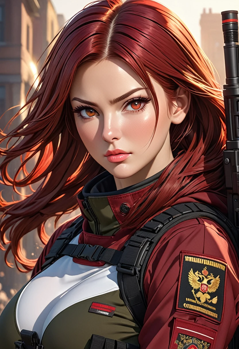 ((best quality)), ((artwork)), ((extremely detailed face)), ((perfect lighting)), ((extremely detailed CG)), ((perfect hands, perfect anatomy)) Appearance= Tall, busty, athletic, toned, pale, russian features, beauty mark under right lips, plump lip; hazel eyes; long straight maroon-red hair
Personality= Determined, strong-willed
Occupation= Sniper
 Clothing= Black tactical combat uniform.]