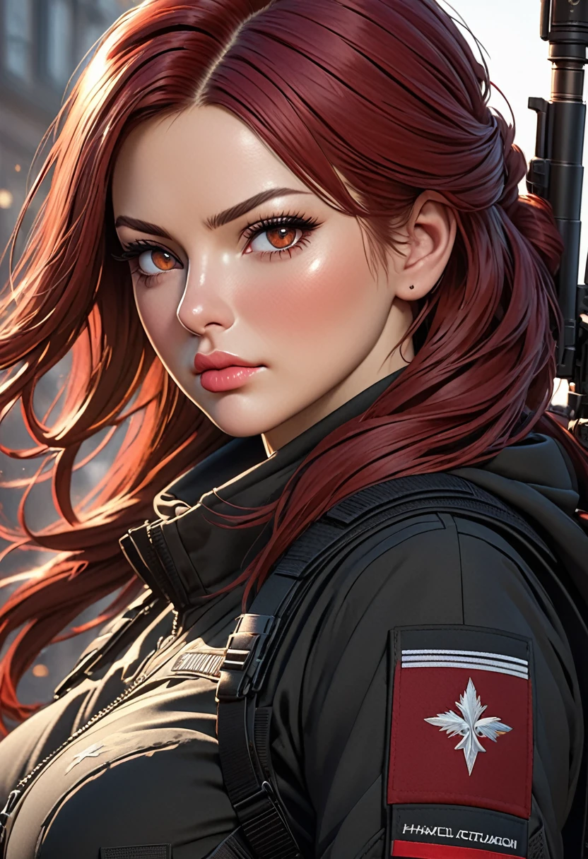 ((best quality)), ((artwork)), ((extremely detailed face)), ((perfect lighting)), ((extremely detailed CG)), ((perfect hands, perfect anatomy)) Appearance= Tall, busty, athletic, toned, pale, russian features, beauty mark under right lips, plump lip; hazel eyes; long straight maroon-red hair
Personality= Determined, strong-willed
Occupation= Sniper
 Clothing= Black tactical combat uniform.]