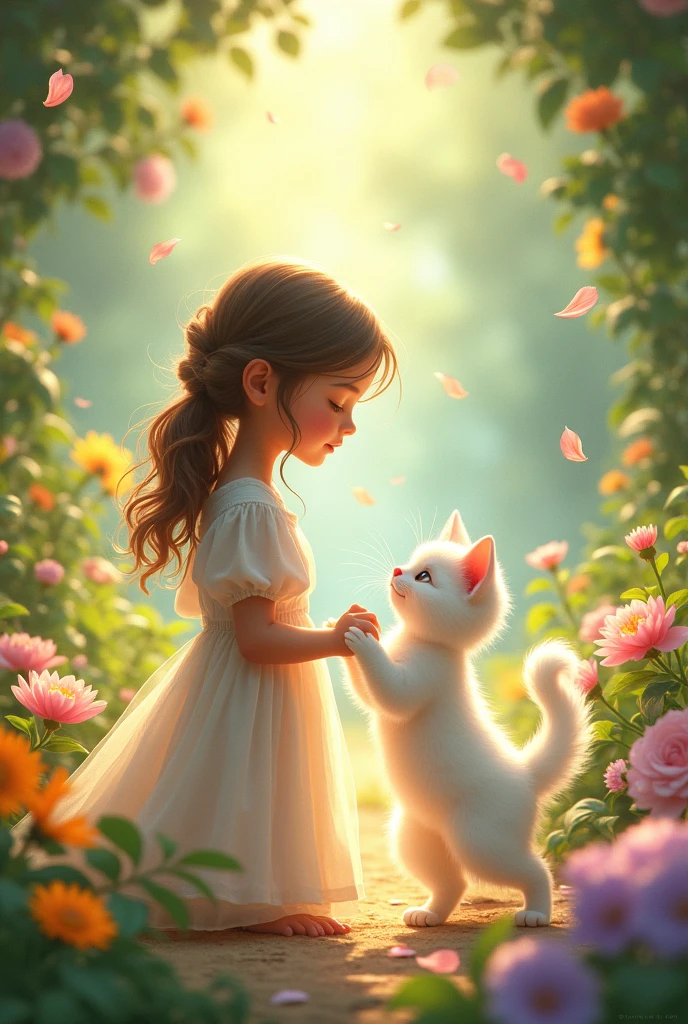 Setting: A bright, warm garden, filled with blooming flowers.
Visual: "A cute tiny white cat playing with a cute AI "
Mood: Bittersweet, with a sense of eternal peace and reunion.
Each scene captures a pivotal moment in the story, conveying the deep emotional journey