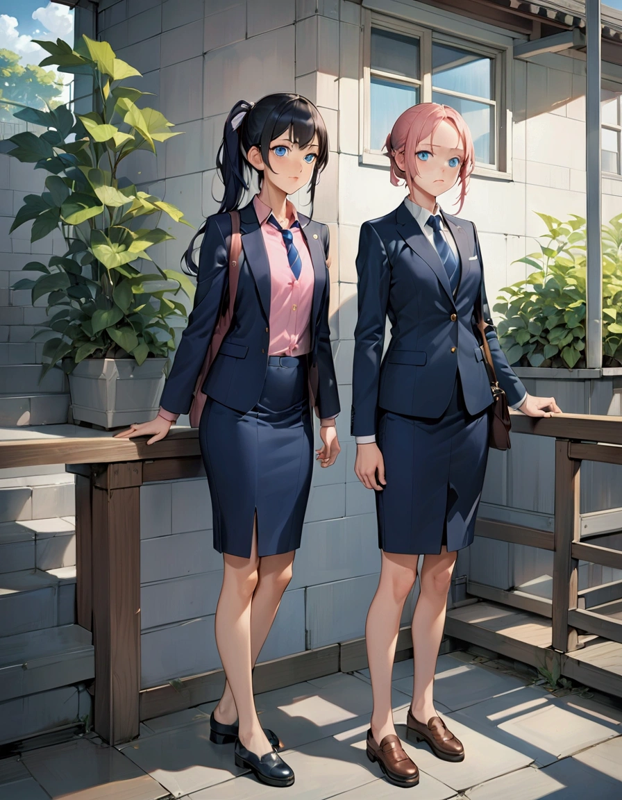 realistic anime illustration of 2 young women is in front of their school, they have a black ponytails (forehead) and wear navy-blue blazers outer, pink shirts with navy-blue neckties, navy-blue pencil skirts, (2girls, full body), (masterpiece, best quality, Japanese anime style), (expressive eyes, perfect face, perfect anatomy), BREAK, (navy-blue blazers outer, pink shirts with navy-blue neckties, navy-blue pencil skirts)