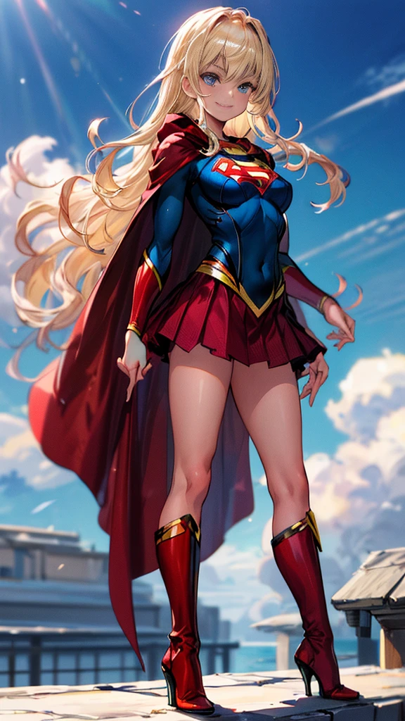 masterpiece, 4K, 8k, high quality, Very detailed, Detailed face, High resolution, Vibrant colors, Natural light, Best Shadow, Shallow depth of field, Portraiture (Supergirl:1.1) standing on a roof, smile, Red Skirt, Red Cape, red boots with heels, delicate, Captivating blue eyes, Nice medium sized breasts, blonde, (Superman symbol on chest:1.2), barefoot, blue sky, sunlight, cloud, sun, bloom,