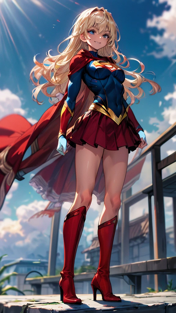 masterpiece, 4K, 8k, high quality, Very detailed, Detailed face, High resolution, Vibrant colors, Natural light, Best Shadow, Shallow depth of field, Portraiture (Supergirl:1.1) standing on a roof, smile, Red Skirt, Red Cape, red boots with heels, delicate, Captivating blue eyes, Nice medium sized breasts, blonde, (Superman symbol on chest:1.2), barefoot, blue sky, sunlight, cloud, sun, bloom,