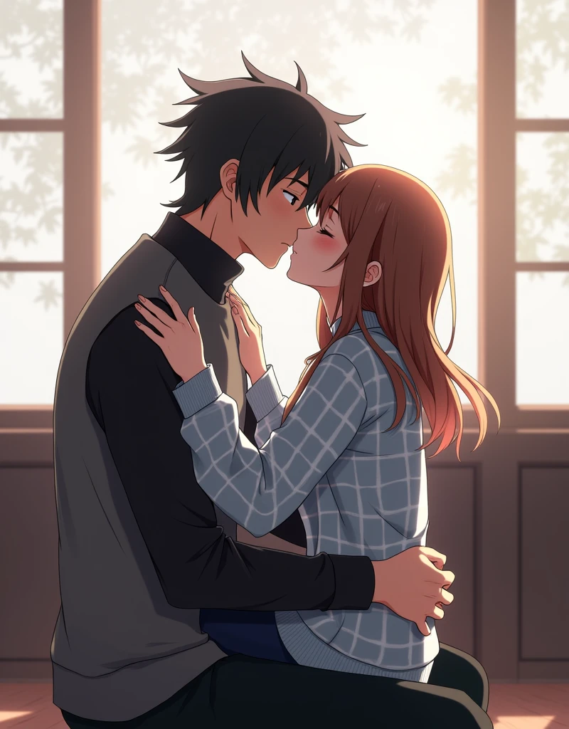 Create a Japanese anime style landscape image. The image depicts a romantic scene between two characters in an intimate embrace. The male character is sitting on a couch, wearing a gray and black long-sleeved shirt with a high collar. His hair is short, dark, and slightly tousled, complementing his sharp features. He is holding the female character close, with one hand on her back and the other gently placed on her upper arm.

The female character, dressed in a light blue and white checkered sweater, has long brown hair cascading down her back. She is sitting on the male character's lap, with her head tilted upward as they share a passionate kiss. Her hands rest on the male character's shoulders, pulling herself closer to him.

The background suggests an indoor setting with soft natural light streaming through large windows, creating a warm and intimate atmosphere. The colors are muted, with the focus on the couple, highlighting the emotional intensity of the moment. The scene conveys a sense of deep affection and tenderness between the two characters.