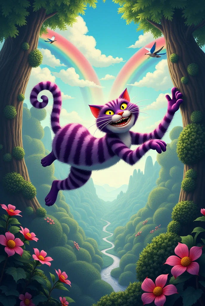 Cheshire cat stretching while floating among trees, rainbows and birds