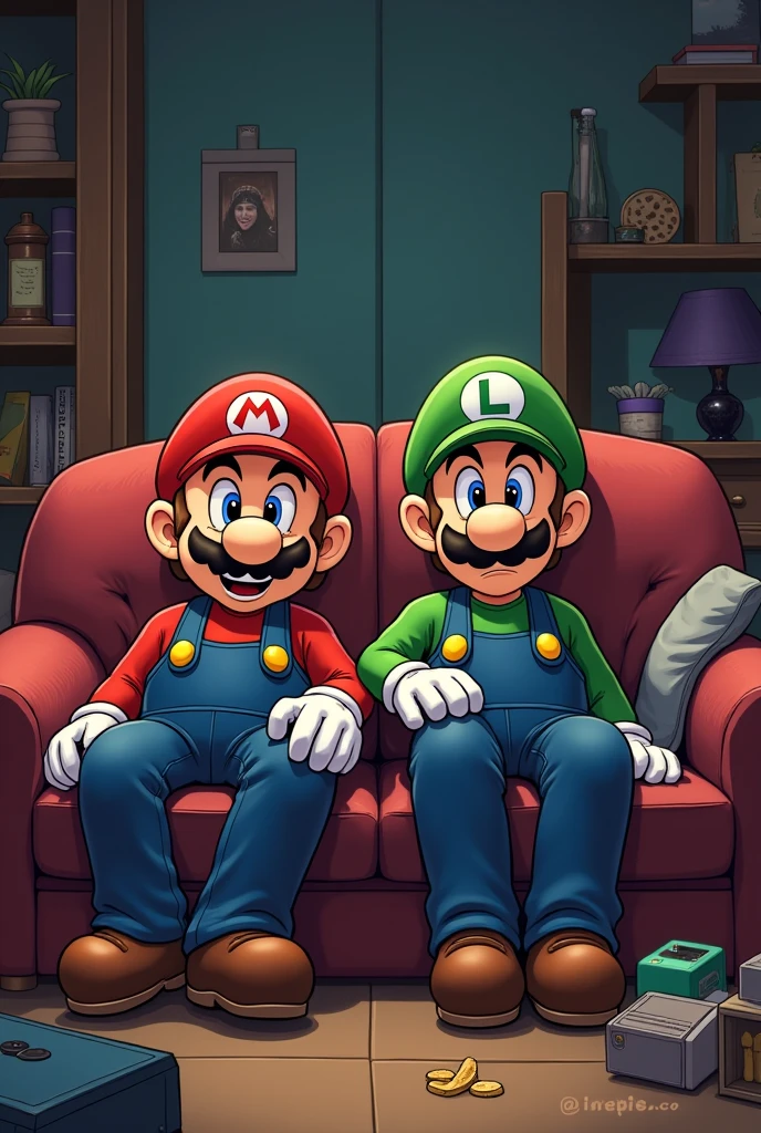 Mario and Luigi are stoned on the couch