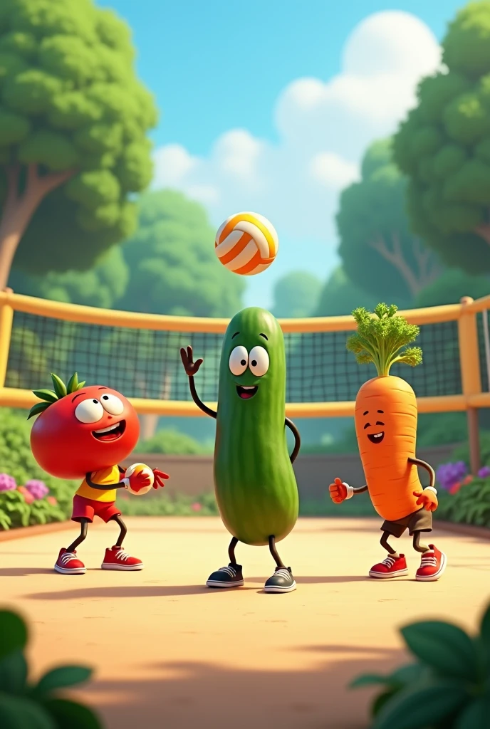 Scenario: A volleyball court with a net in the middle, surrounded by a cheerful scenery, like a garden or a vegetable garden.
Vegetable players: A tomato as the attacker, a cucumber as the setter and a carrot as the defender. They may be wearing colorful sportswear and jumping or doing typical volleyball moves..
Action: The tomato is about to deliver a powerful serve, while the carrot is in the receiving position, and the cucumber is ready to lift the ball. animated vegetables playing the game. 