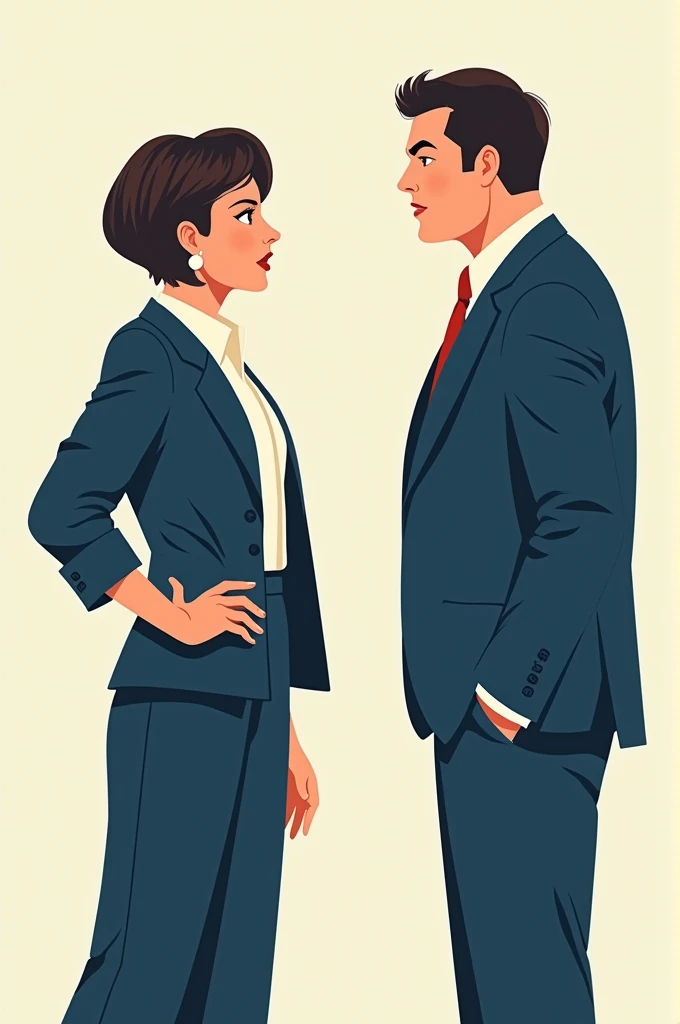 Woman with short hair ordering her husband who is dressed in a blue suit 