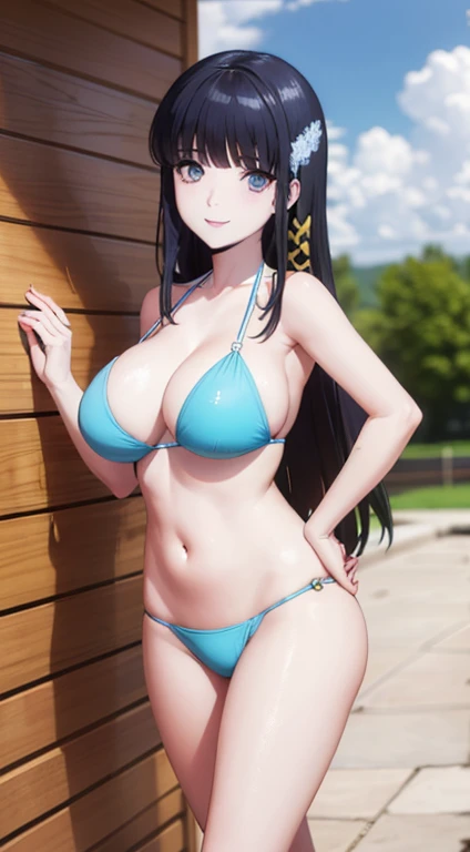 masterpiece, best qualityer, ultra-detailed, beautiful detailed eyes, extremely detailed eyes and face, 1girl, ShibaMiyuki, Hair ornament, bikini, ((,nolmal breast,)), standing, looking at viewer, smiling, seductive smile, ((big hip)), wood, daytime, sky, clouds, cowboy shot, full body,