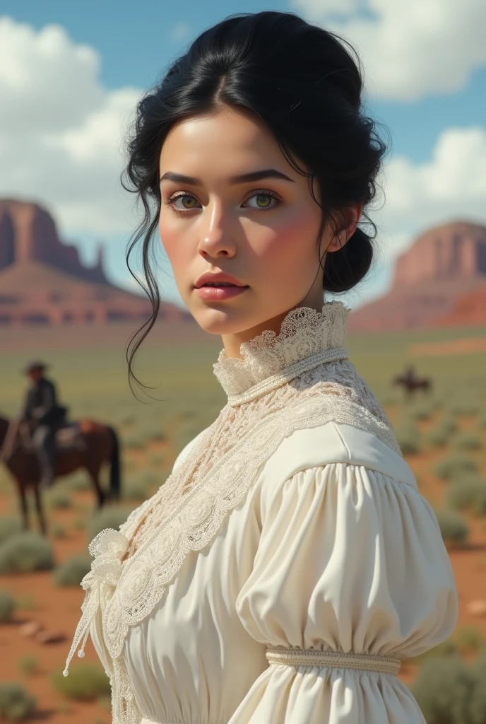 1875, southern lady, black hair, green eyes,  feminine dress, wild west, wears her hair tied up,   white victorian dress