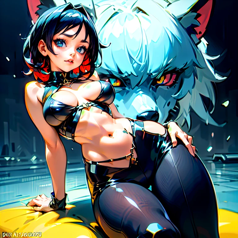 Anime Kawaii sexy Perfect Slim sensual body Perfect breast and beautiful thighs, An intricate and highly detailed illustration of anime Young 1girl, multicolored hair, (black hair:1.1 AND white hair:1.1), mullet, wolf, black gothic dress, detailed eyes, heterochromia, realistic, (best quality,4k,8k,highres,masterpiece:1.2),ultra-detailed,(realistic,photorealistic,photo-realistic:1.37),dark,moody,dramatic lighting,cinematic