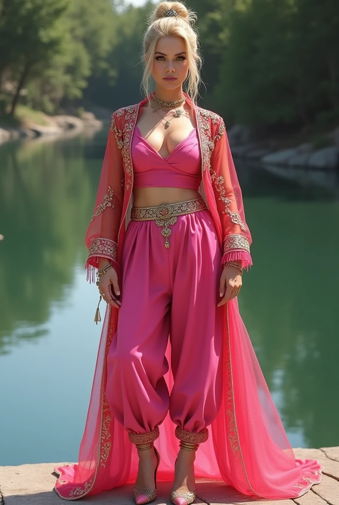 mature female, (full body:1.3), standing, eyeliner, (blonde hair updo), wearing pink genie giab_1, pink crop top shirt, red crop jacket, sheer harem pants with elastic cuffs, high heels, gold embroidery, hat, lake background