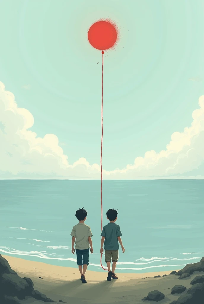background sea, Two boys walking from Spain, each at a distance, and above them a red thread uniting them in a realism style